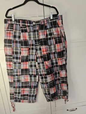 Kanji Jeans 38 Patchwork Plaid Long Shorts Y2K Hip Hop Streetwear Cotton